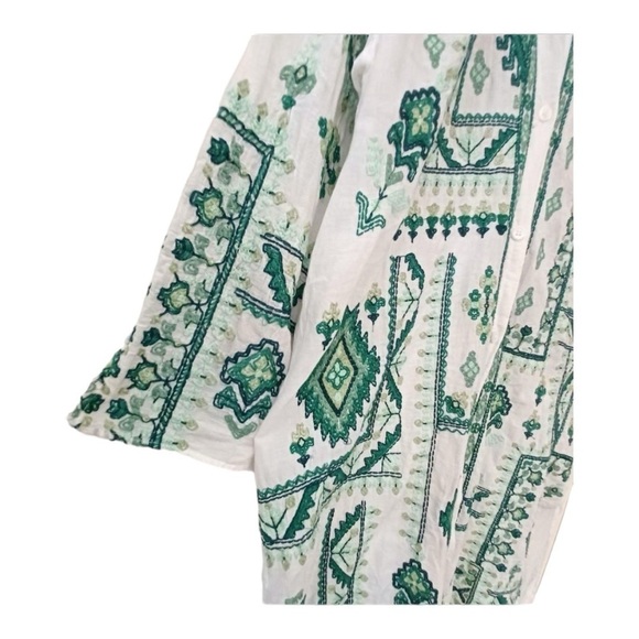 Zara Womens Lg White Green Embroidered Tunic Collared Shirt Dress Boho Cover Up - Picture 14 of 15